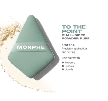 Morphe To The Point Dual-Sided Powder Puff in sage green with MORPHE band; text reads "TO THE POINT DUAL–SIDED POWDER PUFF — BEST FOR: Precision application and setting — USE DRY WITH: Powders, Creams, Liquids." | To the Point Dual-Sided Powder Puff | Secondary image