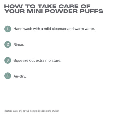 To The Point Mini Powder Puff Trio care infographic: "HOW TO TAKE CARE OF YOUR MINI POWDER PUFFS" — 1. Hand wash with a mild cleanser and warm water. 2. Rinse. 3. Squeeze out extra moisture. 4. Air-dry. Replace every one to two months, or upon signs of wear.