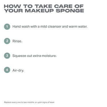 One Done Multifunctional Makeup Sponge care infographic: HOW TO TAKE CARE OF YOUR MAKEUP SPONGE — 1. Hand wash with a mild cleanser and warm water. 2. Rinse. 3. Squeeze out extra moisture. 4. Air-dry. Replace every one to two months, or upon signs of wear.