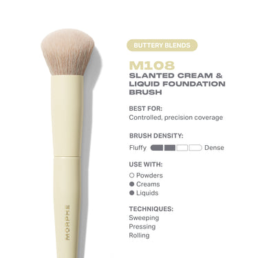 Buttery Blends M108 Slanted Cream & Liquid Foundation Brush feature card: Best For: Controlled, precision coverage | Brush Density: Fluffy to Dense | Use With: Powders, Creams, Liquids | Techniques: Sweeping, Pressing, Rolling. | Buttery Blends M108 Slanted Foundation Brush | Secondary image