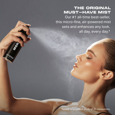 Morphe Continuous Setting Mist black spray can misting toward a model