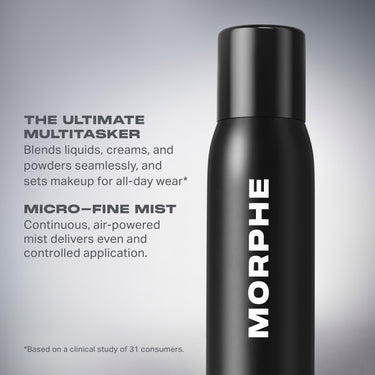 Morphe Continuous Setting Mist black spray bottle with callouts: "THE ULTIMATE MULTITASKER — Blends liquids, creams, and powders seamlessly, and sets makeup for all-day wear*" and "MICRO–FINE MIST — Continuous, air-powered mist delivers even and controlled application."