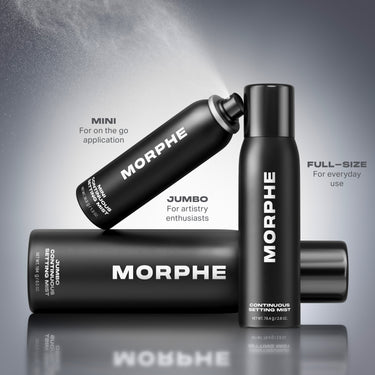 Three Morphe Continuous Setting Mist spray bottles with callouts: MINI For on the go application (1.3 oz), JUMBO For artistry enthusiasts (6.5 oz), FULL-SIZE For everyday use (2.8 oz).