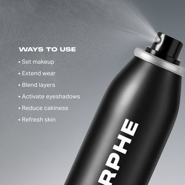 Morphe Continuous Setting Mist black spray bottle with active mist; WAYS TO USE: Set makeup, Extend wear, Blend layers, Activate eyeshadows, Reduce cakiness, Refresh skin.