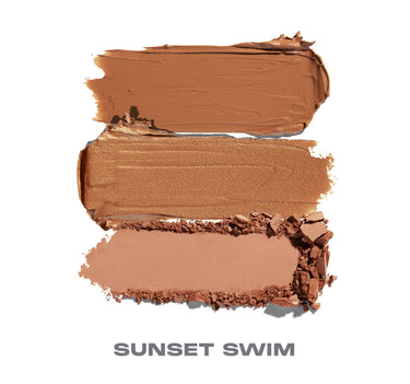 {Sunset Swim} Cheek Thrills Multi-Finish Face Trio swatches in SUNSET SWIM showing matte bronze, shimmer bronze, and matte peach shades.