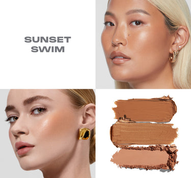 {Sunset Swim} "SUNSET SWIM" shade collage for Morphe Cheek Thrills Multi Finish Face Trio showing two models wearing warm bronze looks alongside three product swatches in rich bronzer and peachy tones.