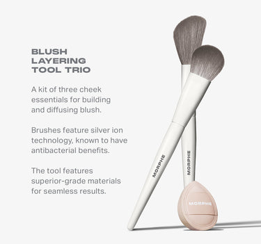 Morphe Blush Layering Tool Trio stylized image showing two MORPHE brushes and a MORPHE sponge applicator with text: "BLUSH LAYERING TOOL TRIO — A kit of three cheek essentials for building and diffusing blush. Brushes feature silver ion technology, known to have antibacterial benefits. The tool features superior-grade materials for seamless results."
