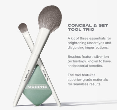 Morphe Conceal & Set Tool Trio benefits graphic: two MORPHE-stamped white-handled brushes and green MORPHE sponge beside text "CONCEAL & SET TOOL TRIO — A kit of three essentials for brightening undereyes and disguising imperfections. Brushes feature silver ion technology, known to have antibacterial benefits. The tool features superior-grade materials for seamless results."