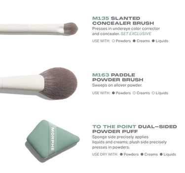 Conceal Set Tool Trio description graphic featuring M135 SLANTED CONCEALER BRUSH (SET EXCLUSIVE), M163 PADDLE POWDER BRUSH, and TO THE POINT DUAL-SIDED POWDER PUFF with MORPHE branding on the sage puff. | Conceal & Set Tool Trio | Secondary image
