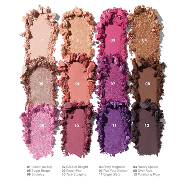 {Electric Currant} Chromaplus 12 Pan Eyeshadow Palette swatch grid: 01 Cream on Top, 02 Slice of Delight, 03 Berry Magnetic, 04 Honey Spiked, 05 Sugar Surge, 06 Peach Pop, 07 Pick Your Boysen, 08 Over Ripe, 09 So Juicy, 10 Tart-Stopping, 11 Grape Glare, 12 Polarizing Plum in warm pink, purple, and brown tones.