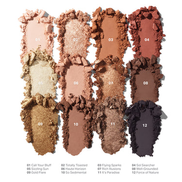 {Flickering Sands} ChromaPlus 12-Pan Eyeshadow Palette shade swatches: 01 Call Your Bluff, 02 Totally Toasted, 03 Flying Sparks, 04 Sol Searcher, 05 Sizzling Sun, 06 Haute Horizon, 07 Rich Illusions, 08 Well-Grounded, 09 Gold Flare, 10 So Sedimental, 11 It