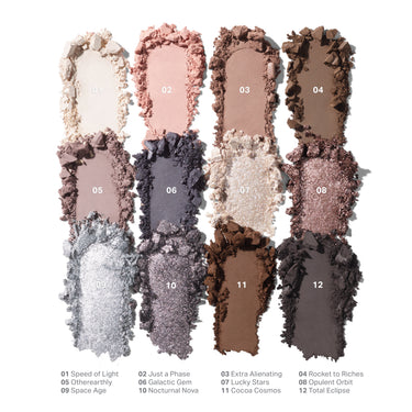 {Moon Stone} Chromaplus 12 Pan Eyeshadow Palette swatches 01 Speed of Light, 02 Just a Phase, 03 Extra Alienating, 04 Rocket to Riches, 05 Otherearthly, 06 Galactic Gem, 07 Lucky Stars, 08 Opulent Orbit, 09 Space Age, 10 Nocturnal Nova, 11 Cocoa Cosmos, 12 Total Eclipse.