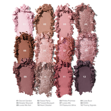 {Rose Frequency} ChromaPlus 12-Pan Eyeshadow Palette swatch display: 01 Secret Garden, 02 Tease Party, 03 Pinkie Promise, 04 Love Buzz, 05 Deeply Mauved, 06 Tossed Bouquet, 07 Loves Me, 08 XOXO, 09 Loves Me Not, 10 Heart Steeler, 11 Pleasure
