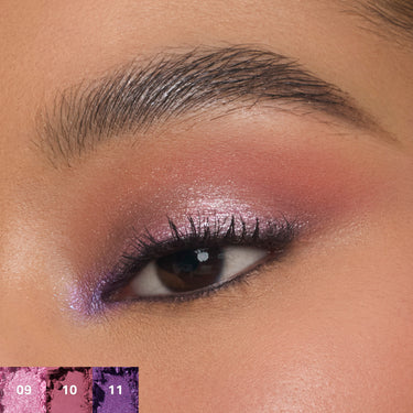 {Electric Currant} Chromaplus 12 Pan Eyeshadow Palette eye look with shades 09, 10, 11 — pink shimmer lid, rosy crease, and vivid purple liner blended together.
