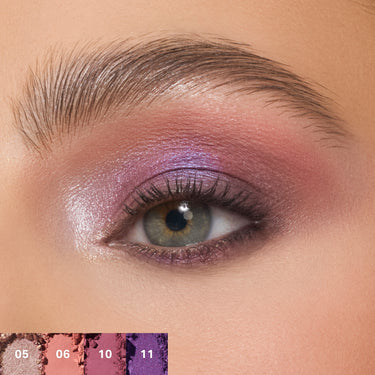 {Electric Currant} Eye swatch of the Chromaplus 12 Pan Eyeshadow Palette with warm rose, pink, and purple shimmer shades numbered 05, 06, 10, 11.