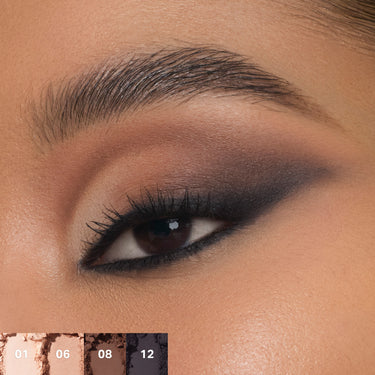 {Flickering Sands} Model eye swatch of Chromaplus 12 Pan Eyeshadow Palette shades 01, 06, 08, 12 blended in warm taupe to dark charcoal gradient.