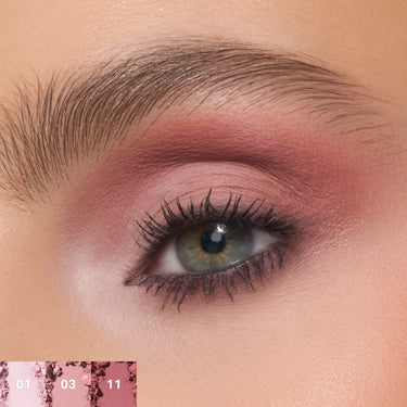 {Rose Frequency} Close-up of a model eye wearing warm rosy-pink eyeshadow from the Chromaplus 12 Pan Eyeshadow Palette; shade swatches 01, 03, 11 shown below.