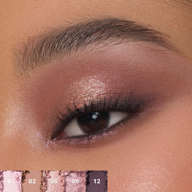{Rose Frequency} Morphe ChromaPlus 12-Pan Eyeshadow Palette model eye look with shimmer lid in warm rose, and numbered swatches 01, 02, 06, 08, 12 in mauve and plum tones.