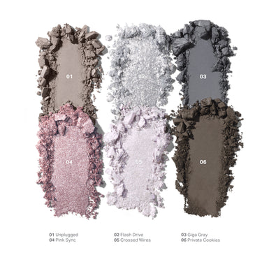 {Cyber Chrome} Chromaplus 6 Pan Eyeshadow Palette shade swatches: 01 Unplugged, 02 Flash Drive, 03 Giga Gray, 04 Pink Sync, 05 Crossed Wires, 06 Private Cookies.