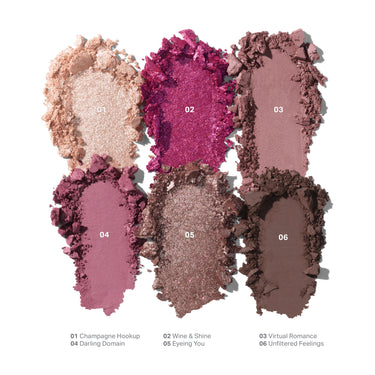 {Love Byte} Chromaplus 6 Pan Eyeshadow Palette shade swatches: 01 Champagne Hookup, 02 Wine & Shine, 03 Virtual Romance, 04 Darling Domain, 05 Eyeing You, 06 Unfiltered Feelings.