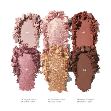{Outer Spice} Chromaplus 6 Pan Eyeshadow Palette swatches: 01 Sugar & Spice, 02 Cinnamon Twist, 03 Ginger Snapped, 04 Sweet Talker, 05 Gold Flavor, 06 Dash of Cocoa