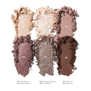 {Rich Glitch} Chromaplus 6 Pan Eyeshadow Palette swatches: 01 Hush Money, 02 Champagne Splash, 03 Taupe Tier, 04 Stealth Wealth, 05 Cool Millions, 06 Highbrown.
