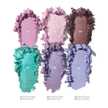 {Sky Fi} Chromaplus 6 Pan Eyeshadow Palette shade swatches: 01 On Cloud Mine, 02 Cumulus Candy, 03 Glow-Pressure, 04 Teal Thunder, 05 Heaven Sent, 06 Out of the Blue.