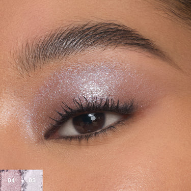 {Cyber Chrome} Close-up eye look using Chromaplus 6 Pan Eyeshadow Palette shades 04 and 05; icy silver-lavender shimmer lid with soft mauve crease and color swatches.