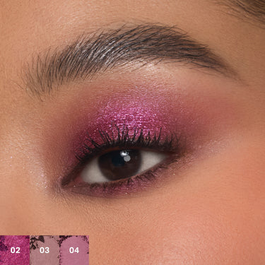 {Love Byte} Chromaplus 6 Pan Eyeshadow Palette shades 02, 03, 04 blended on eye in shimmery magenta and burgundy tones with color swatches.