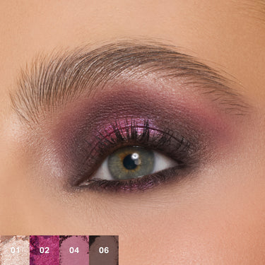 {Love Byte} Eye makeup model shot showing ChromaPlus 6-Pan Eyeshadow Palette in shades 01, 02, 04, 06: nude, magenta, mauve, charcoal.