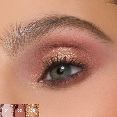{Outer Spice} Model eye swatch of the Chromaplus 6 Pan Eyeshadow Palette in rose and gold tones; shade swatches labeled 01, 03, 05.