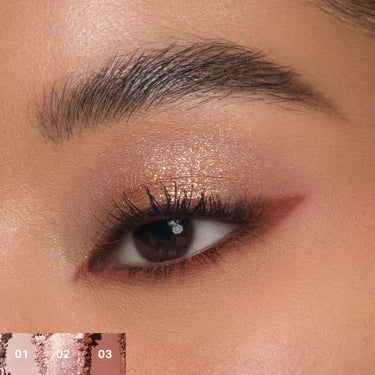 {Outer Spice} Chromaplus 6 Pan Eyeshadow Palette eye look on model with shade macros labeled 01, 02, 03 in mauve, copper, and burgundy.