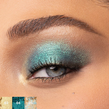{Python Code} Chromaplus 6 Pan Eyeshadow Palette model eye look with shimmery teal and gold shadows, shade swatches labeled 02, 04, 05.