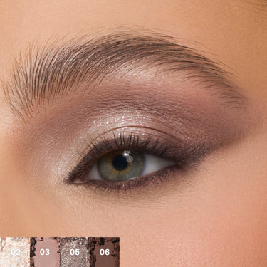 {Rich Glitch} Chromaplus 6 Pan Eyeshadow Palette shade macro eye look with pans 02, 03, 05, 06 — cream, rose, bronze, and dark brown tones blended on lid and crease.