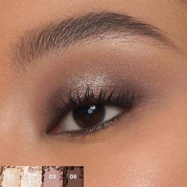 {Rich Glitch} ChromaPlus 6-Pan Eyeshadow Palette shade macro eye look with pans 01, 02, 03, and 06 swatched below.