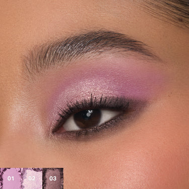 {Sky Fi} ChromaPlus 6-Pan Eyeshadow Palette model eye look with shimmery pink-purple lid and deep plum crease; shade swatches labeled 01, 02, 03.