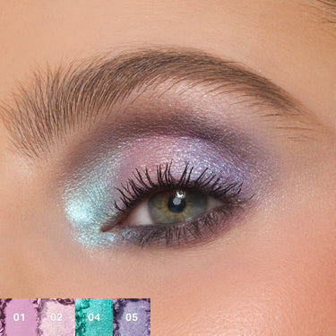 {Sky Fi} ChromaPlus 6-Pan Eyeshadow Palette model eye look with icy turquoise, lilac, and purple shades; color swatches 01, 02, 04, 05 shown.