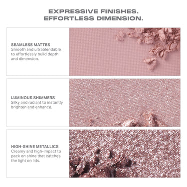 {Flickering Sands} Chromaplus 12 Pan Eyeshadow Palette finish infographic — "EXPRESSIVE FINISHES. EFFORTLESS DIMENSION." — SEAMLESS MATTES: Smooth and ultrablendable to effortlessly build depth and dimension; LUMINOUS SHIMMERS: Silky and radiant to instantly brighten and enhance; HIGH-SHINE METALLICS: Creamy and high-impact to pack on shine that catches the light on lids.