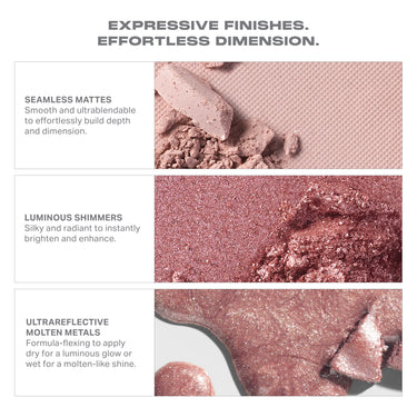 {Outer Spice} Chromaplus 6 Pan Eyeshadow Palette infographic: "EXPRESSIVE FINISHES. EFFORTLESS DIMENSION." — SEAMLESS MATTES: Smooth and ultrablendable to effortlessly build depth and dimension; LUMINOUS SHIMMERS: Silky and radiant to instantly brighten and enhance; ULTRAREFLECTIVE MOLTEN METALS: Formula-flexing to apply dry for a luminous glow or wet for a molten-like shine.