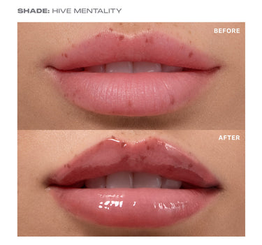 {Hive Mentality} SHADE: HIVE MENTALITY before-and-after macro showing Hot Honeys Plumping Lip Oil delivering fuller, glossy mauve-pink lips in the AFTER panel.