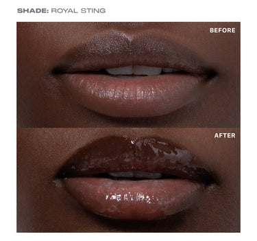 {Royal Sting} SHADE: ROYAL STING before-and-after macro showing Hot Honeys Plumping Lip Oil delivering visibly fuller, glossier lips.