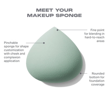 All Covered Shapable Makeup Sponge infographic titled "MEET YOUR MAKEUP SPONGE" with callouts: Pinchable sponge for shape customization with cheek and complexion application; Fine point for blending in hard-to-reach areas; Rounded bottom for foundation coverage.