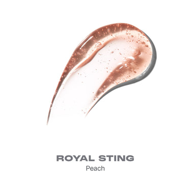 {Royal Sting} Swatch of Morphe Hot Honeys Plumping Lip Oil in shade ROYAL STING Peach; shiny peachy-rose liquid with visible oil bubbles | Hot Honeys Plumping Lip Oil | Secondary image