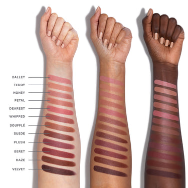 Lip Filter Signature Lip Bundle arm swatches across three skin tones showing shades Ballet, Teddy, Honey, Petal, Dearest, Whipped, Soufflé, Suede, Plush, Beret, Haze, and Velvet.