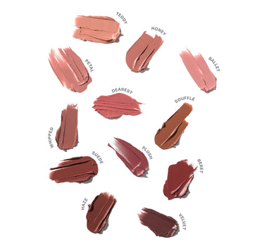 Lip Filter Signature Lip Bundle shade smear swatches in 11 shades: Teddy, Honey, Ballet, Petal, Dearest, Soufflé, Whipped, Plush, Suede, Beret, Haze, and Velvet.