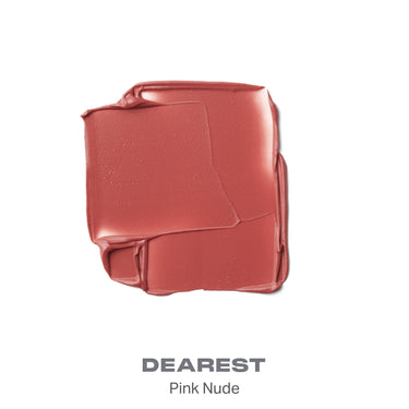 {Dearest} Soulmatte Velvet Lip Mousse shade swatch labeled DEAREST, Pink Nude — a matte coral-pink mousse smear.