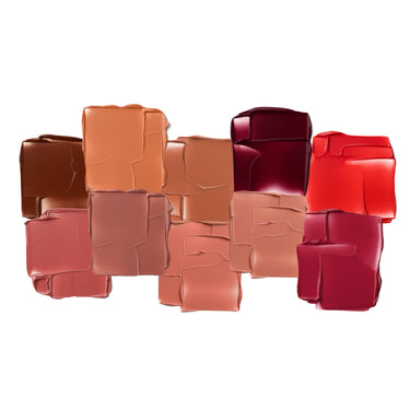 Soulmatte Velvet Lip Mousse shade range group smear swatches in brown, coral, nude, mauve, pink, burgundy, and red.