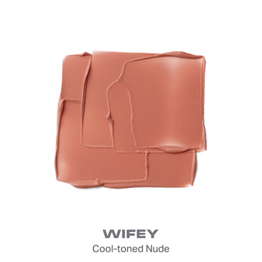 {Wifey} Soulmatte Velvet Lip Mousse swatch labeled WIFEY, Cool-toned Nude shade, displaying creamy velvet texture.