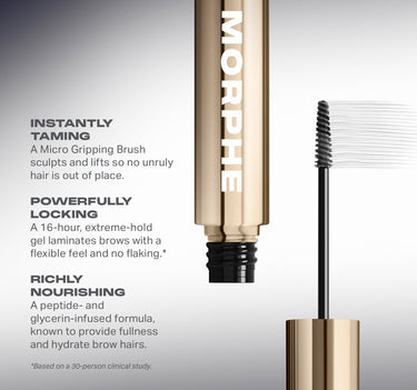 Morphe Micro Manager Gripping Brow Gel benefits graphic: INSTANTLY TAMING — A Micro Gripping Brush sculpts and lifts so no unruly hair is out of place. POWERFULLY LOCKING — A 16-hour, extreme-hold gel laminates brows with a flexible feel and no flaking.* RICHLY NOURISHING — A peptide- and glycerin-infused formula, known to provide fullness and hydrate brow hairs. *Based on a 30-person clinical study.