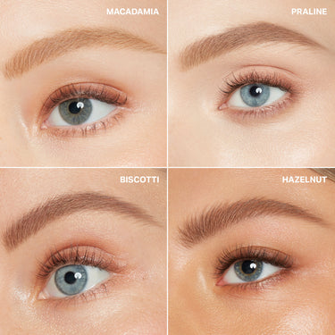 {Biscotti (light taupe)} Four close-up eye swatches showing Morphe Micro Brow Dual Ended Pencil And Spoolie shades MACADAMIA, PRALINE, BISCOTTI, and HAZELNUT on a model.